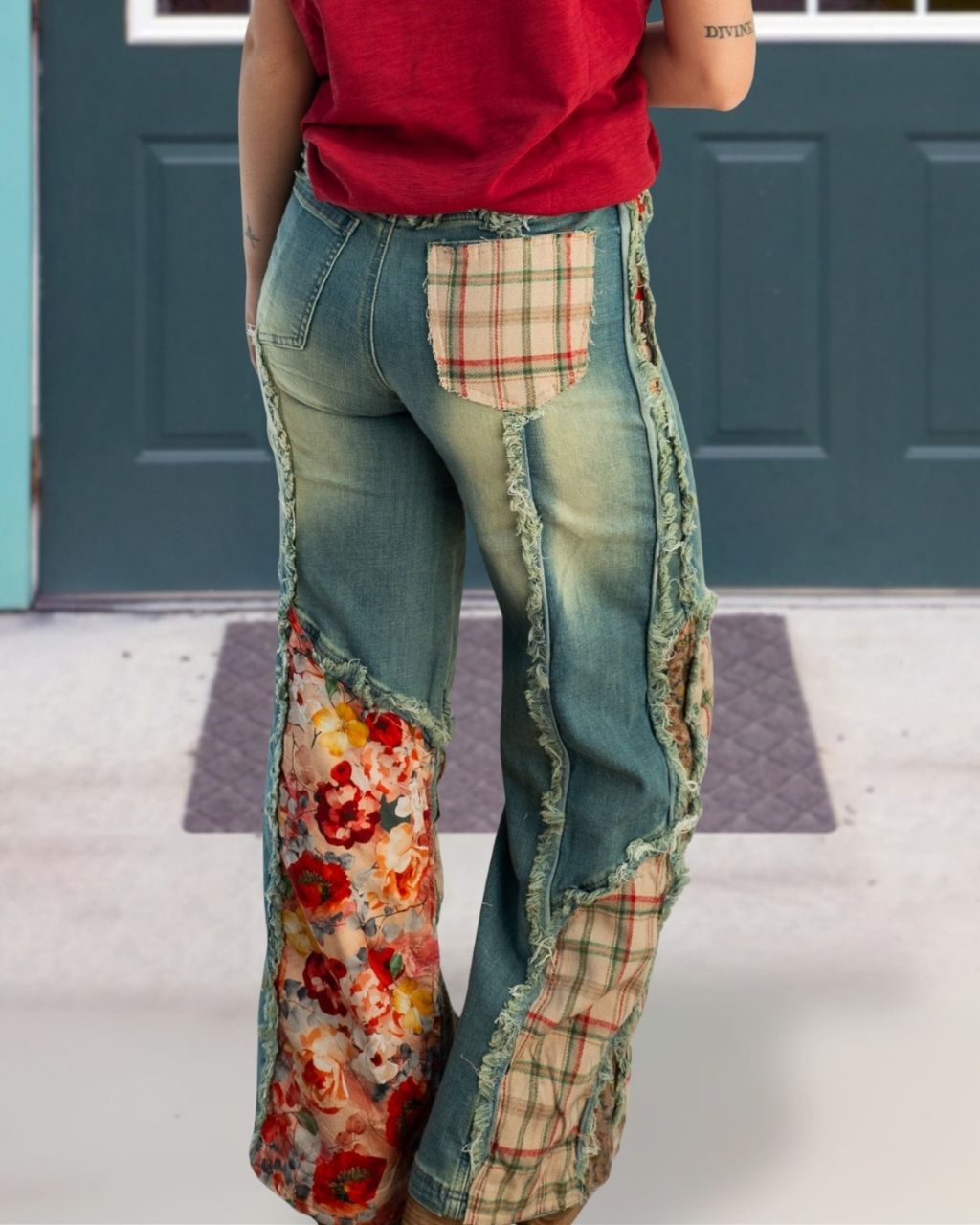 Floral Patchwork Stretch Denim Jeans