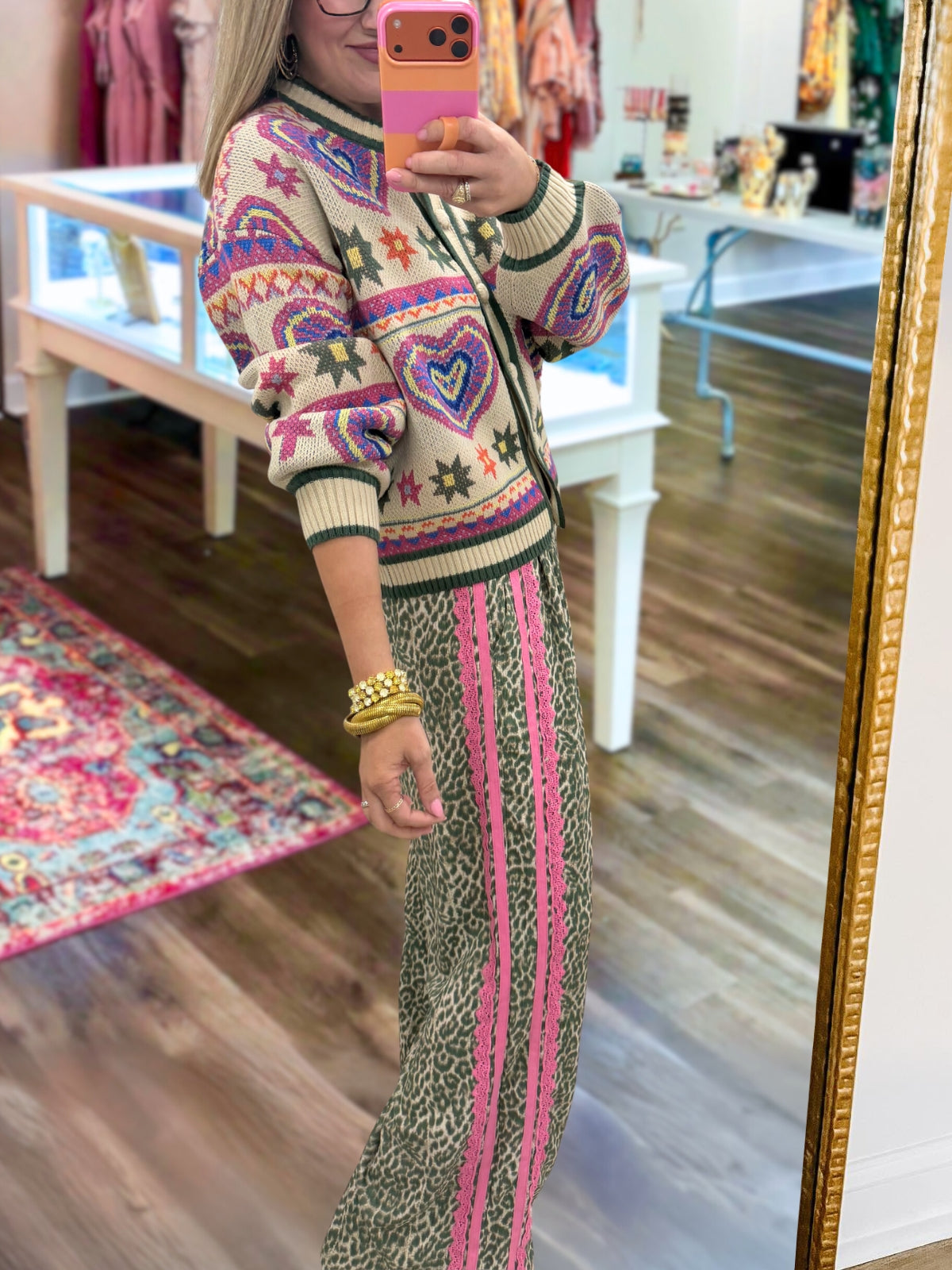 Lace Side Stripe Leopard Print Pants