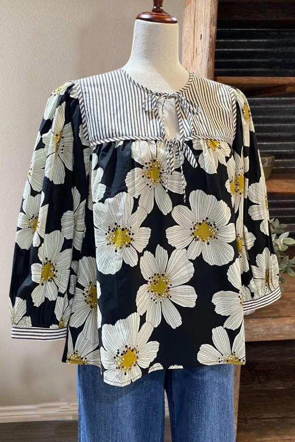 Floral Stripe Tie Neck Top