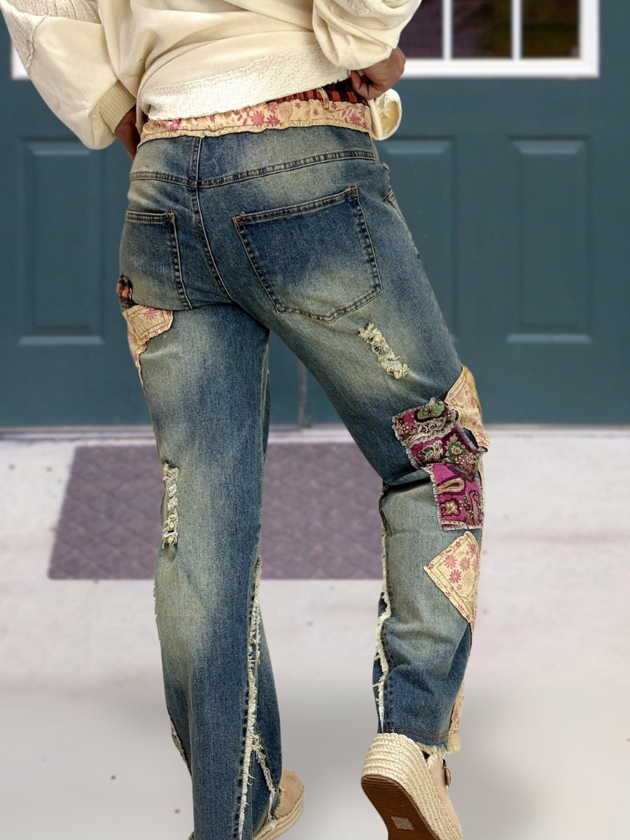 Floral Plaid Patch Jeans