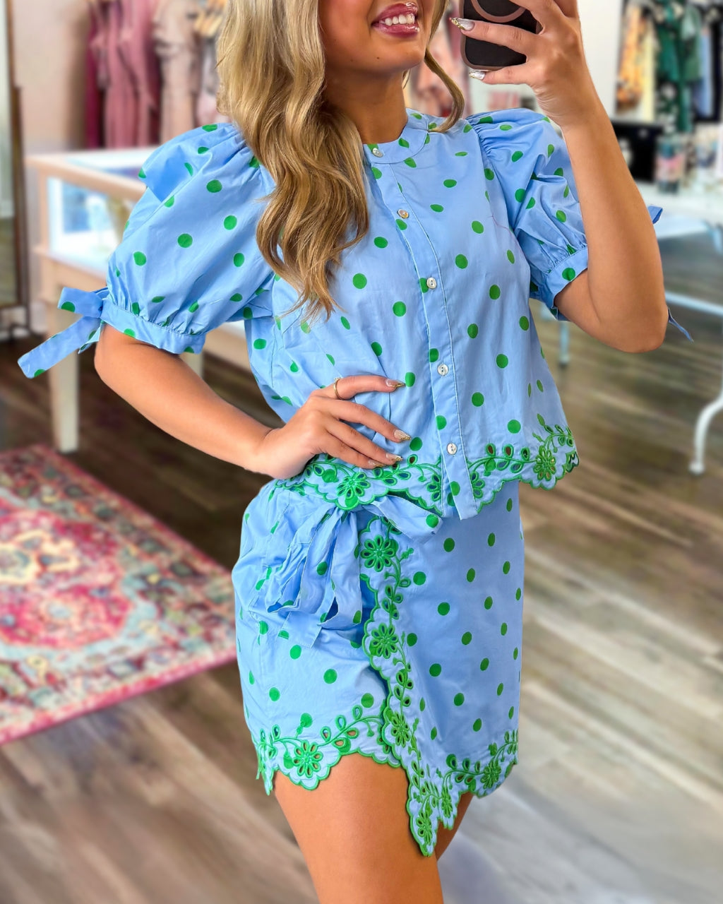 Polka Dot Embroidered Trim Top