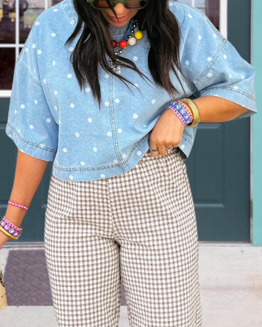 Polka-dot Cropped Denim Top