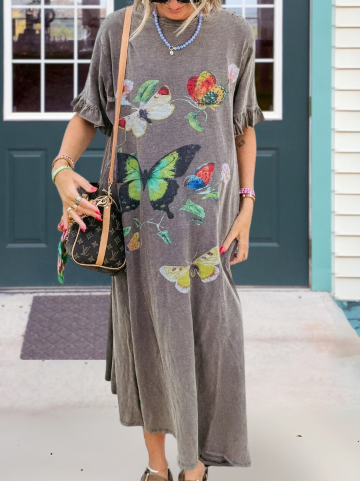 Butterfly Print Washed Distressed Dress