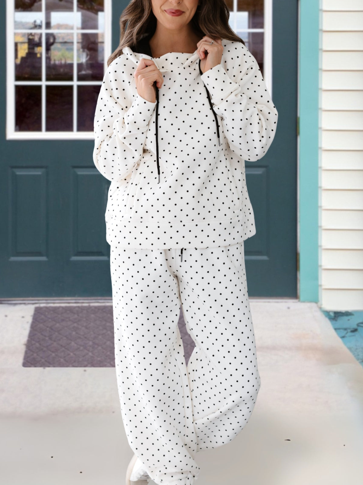 Fashionable Polka Dot Hooded Sweatshirt Set