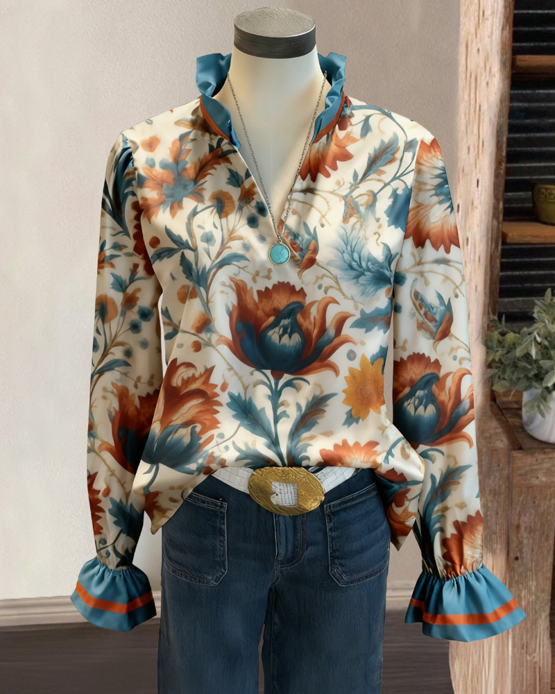 Elegant Floral Ruffle V-neck Top