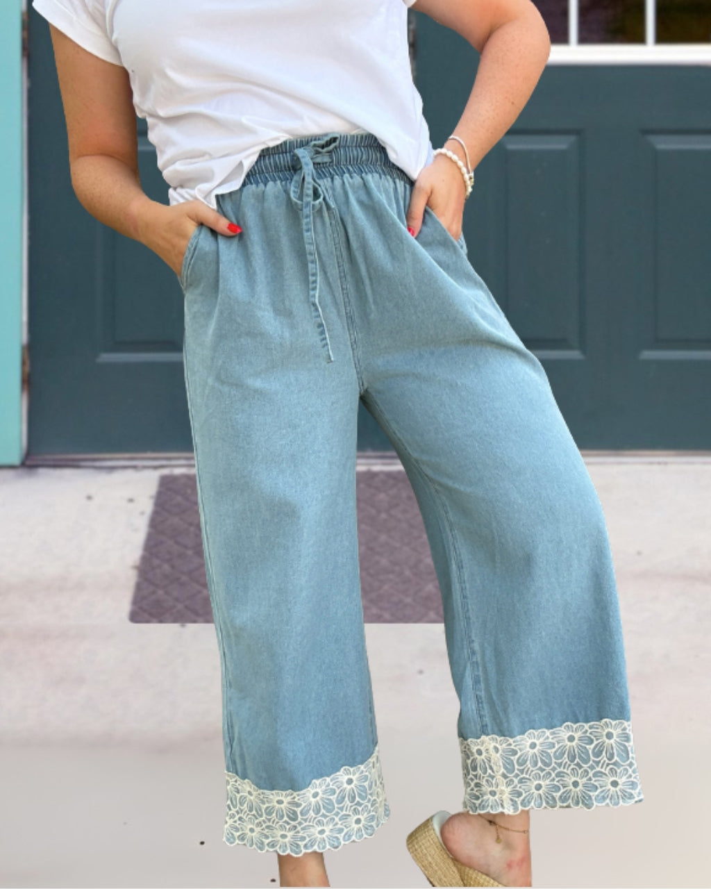 Floral Embroidered Hem Denim Pants