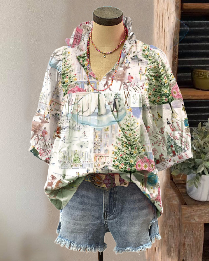 Mixed Print Ruffled Satin Top