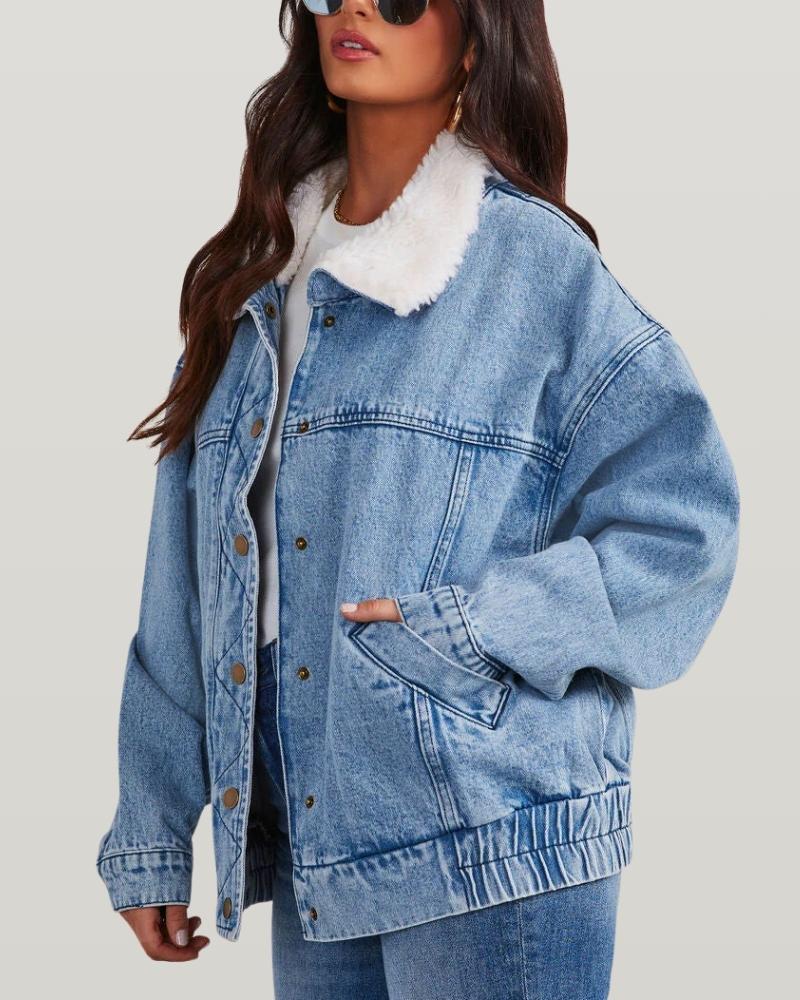 Detachable Plush Collar Denim Bomber Jacket