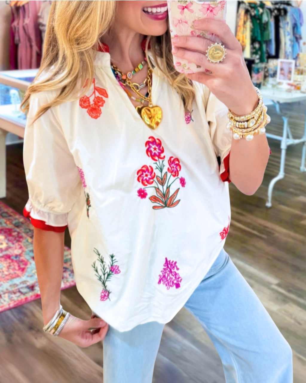 Retro Embroidered V-Neck Top