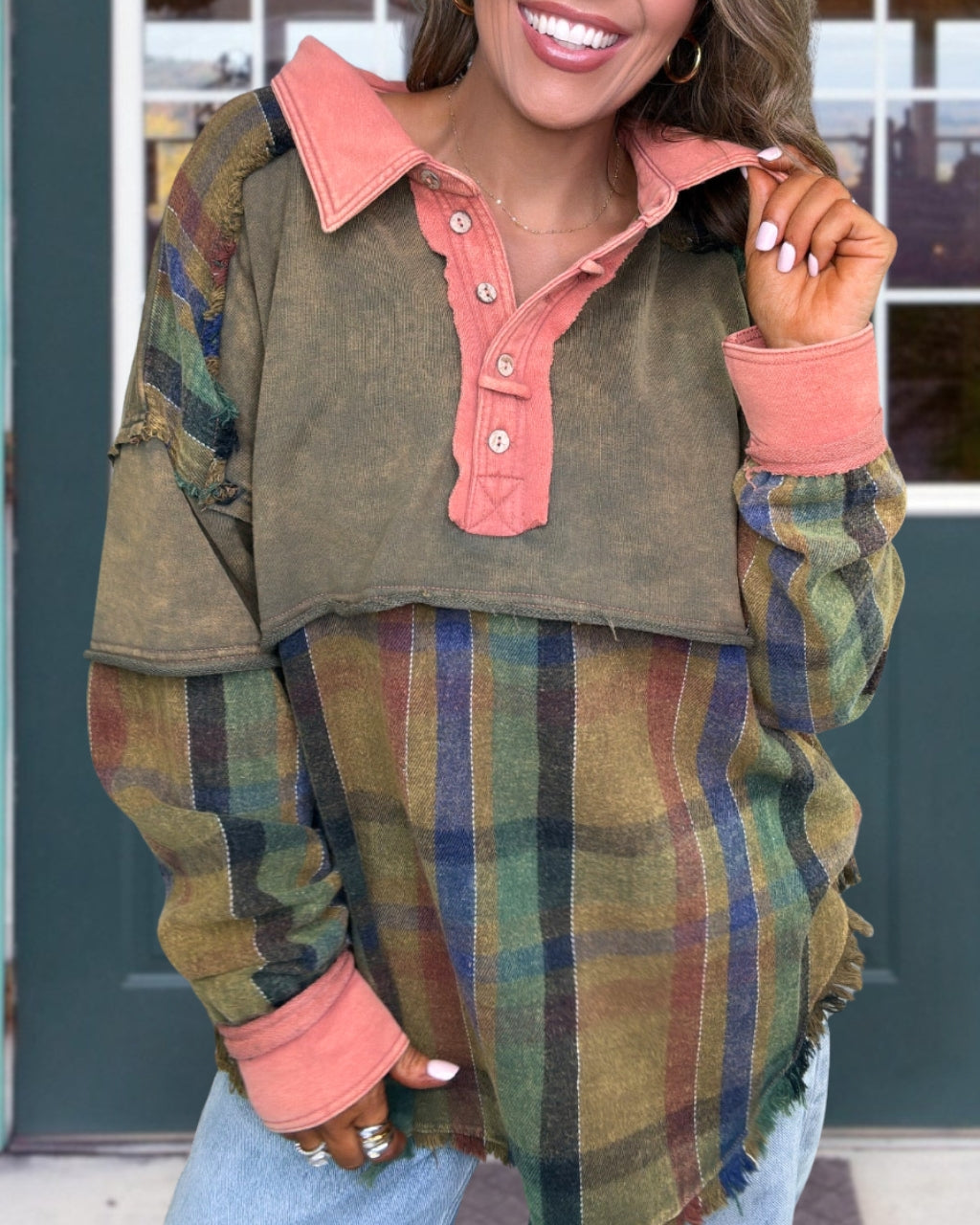 Fun Plaid Washed Raw Hem Pullover