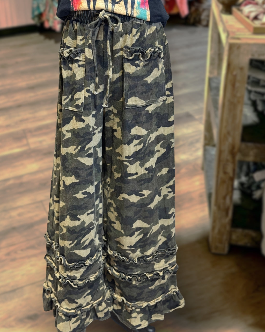 Duo Ruffle Trim Camo Pants