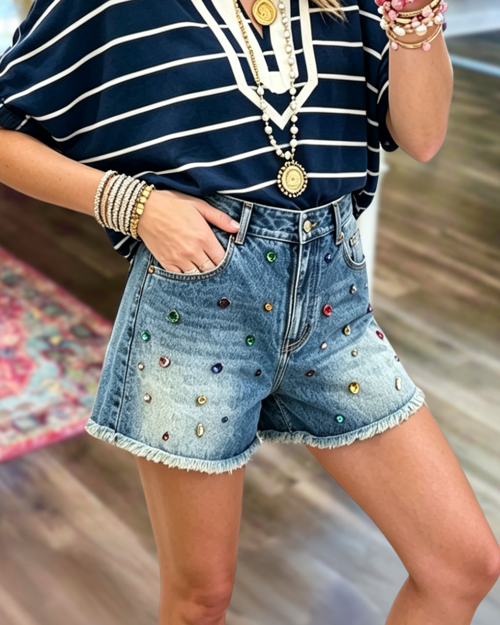 Rhinestone Denim Frayed Shorts