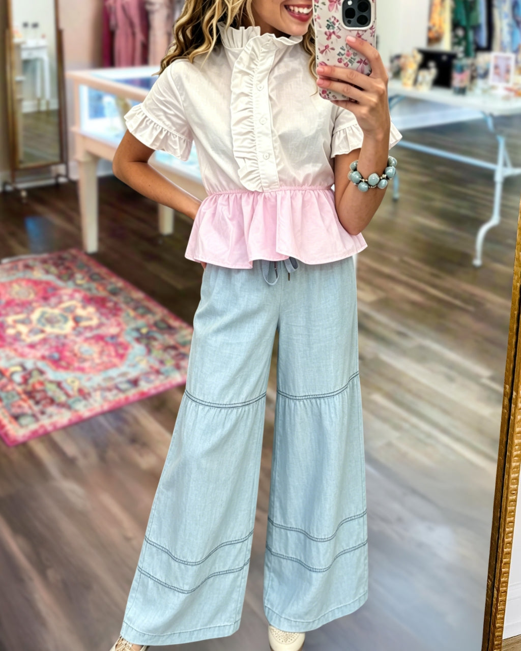 Drawstring Wide-Leg Denim Pants