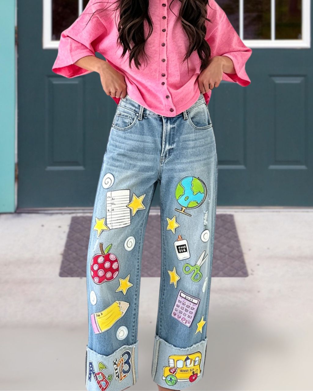 School Supplies Printed Denim Pants