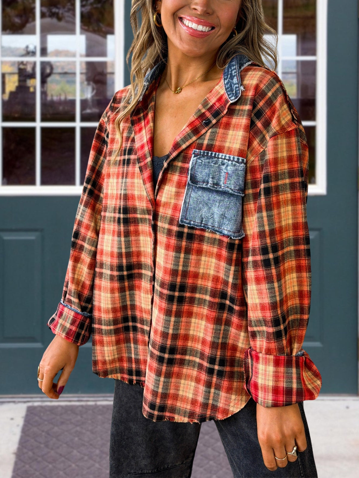 Brushed Plaid Denim Patchwork Shirt
