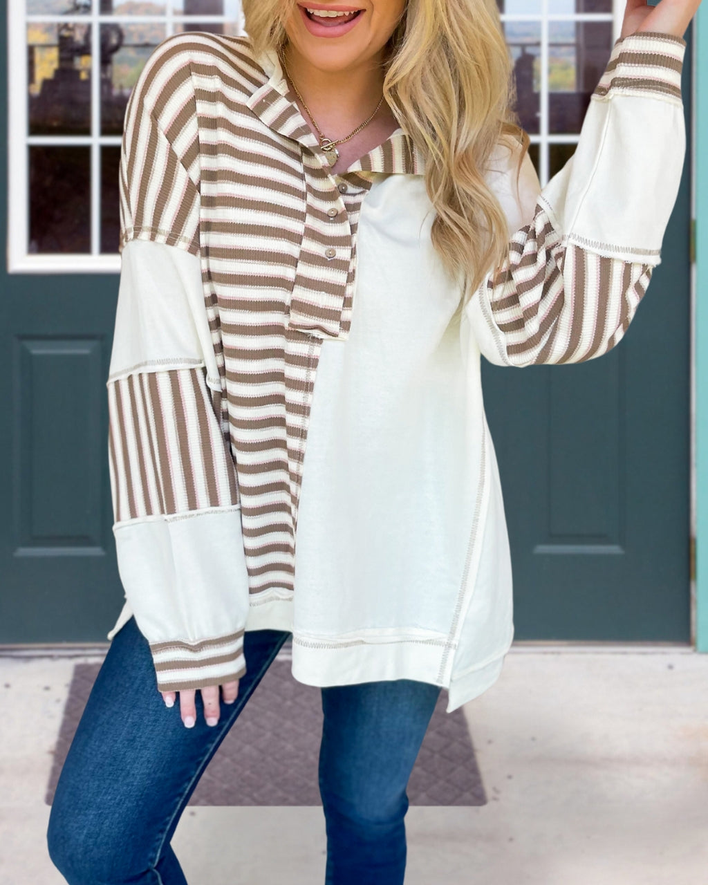 Waffle Striped Patchwork Sweatshirt