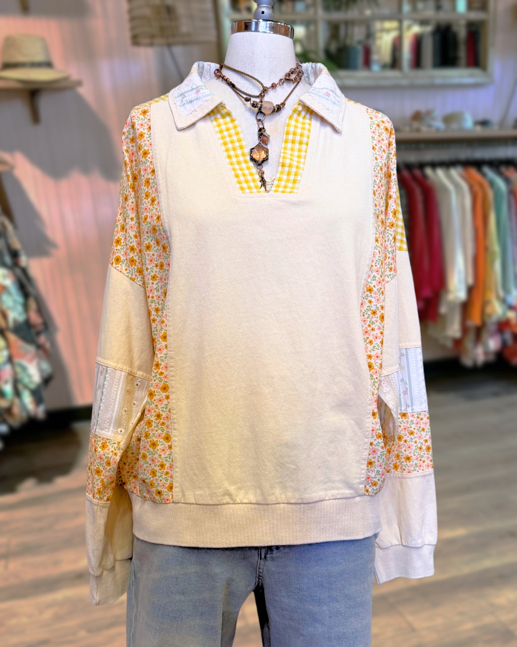 Floral Patchwork Collared Pullover
