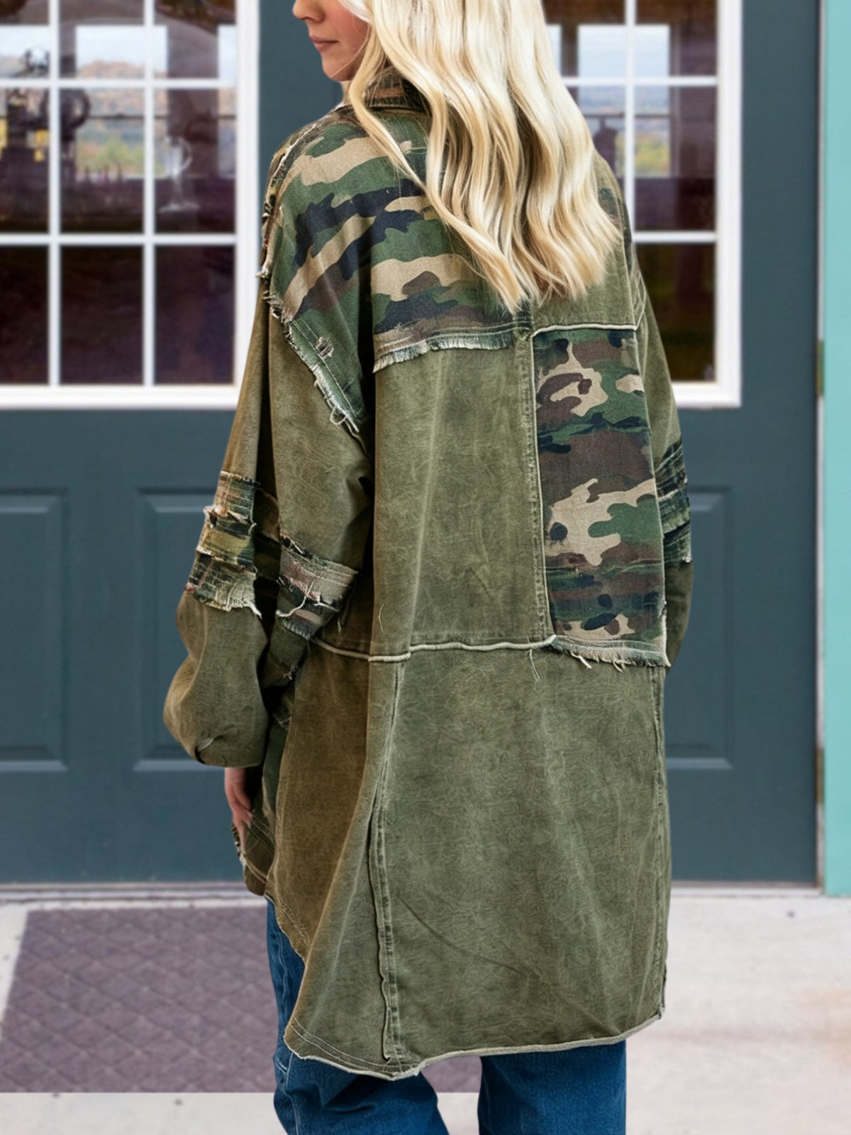 Loose Camouflage Patchwork Frayed Edge Shirt