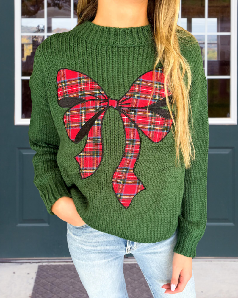 Bow Embroidered Chunky Knit Sweater