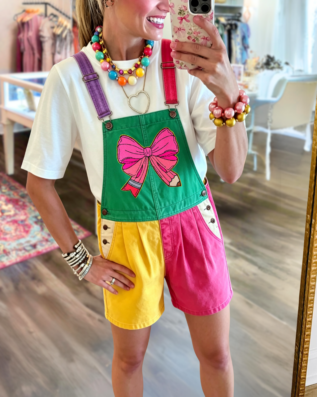 Color-blocked Bow Pencil Embroidered Overalls