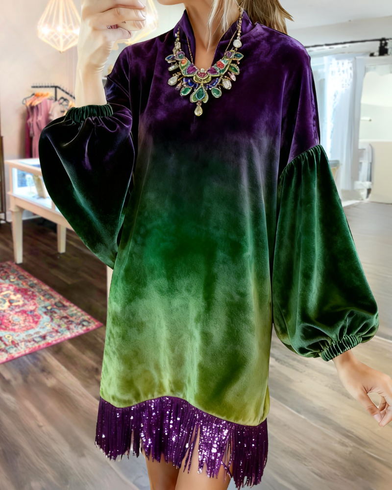 Stylish Gradient Velvet Tassel Dress
