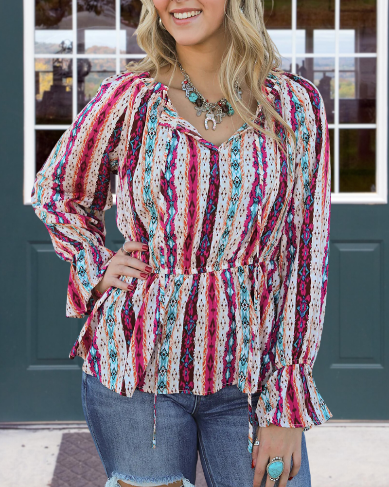 Colorful Geometric Striped V-neck Top