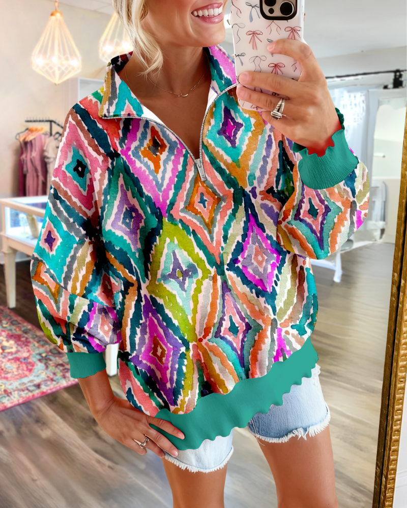 Retro Geometric Half-Zip Sweatshirt