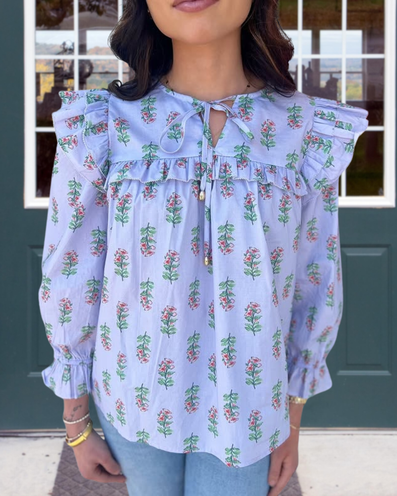 Elegant Tie Neck Floral Ruffle Top