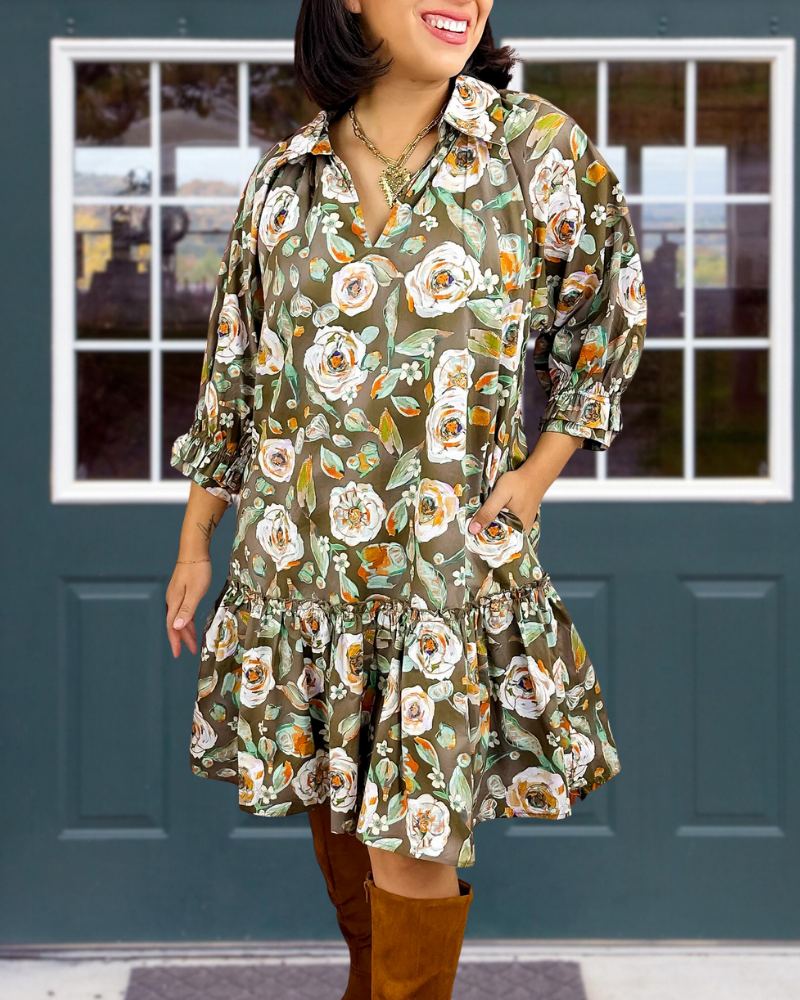 Retro Floral Ruffled V-Neck Mini Dress
