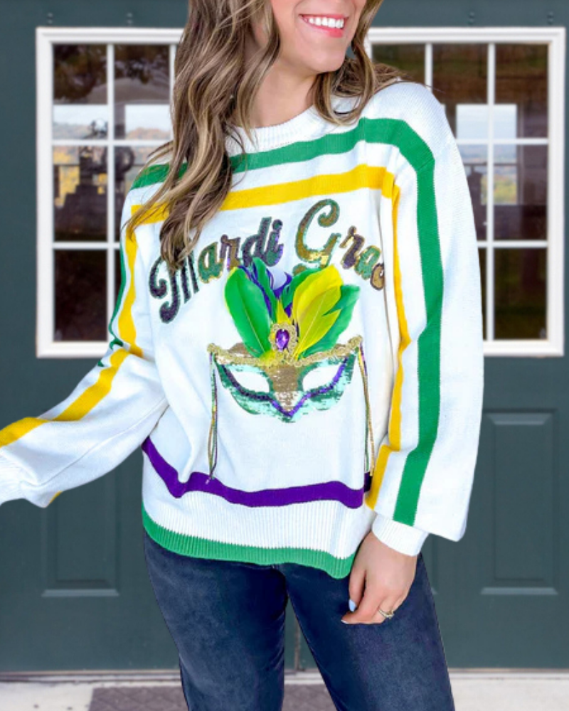 Mardi Gras Mask Sequined Pullover