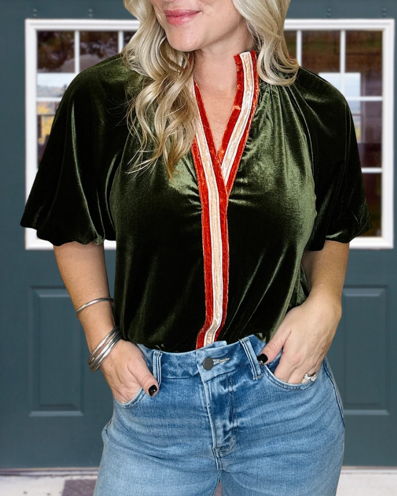 Retro Striped Velvet V-Neck Top