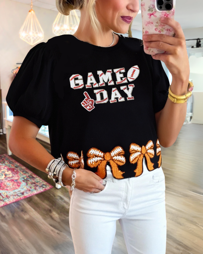 Game Day Bow Embroidered Top