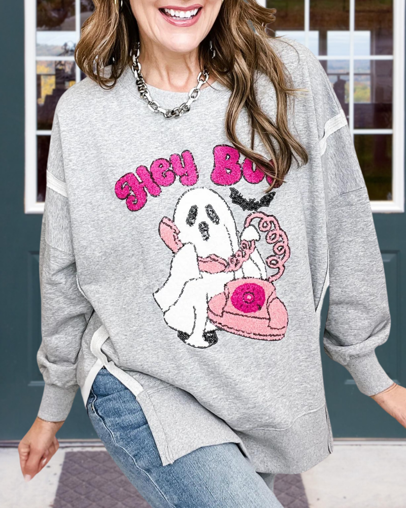 Hey Boo Sequins Embroidery Sweatshirt