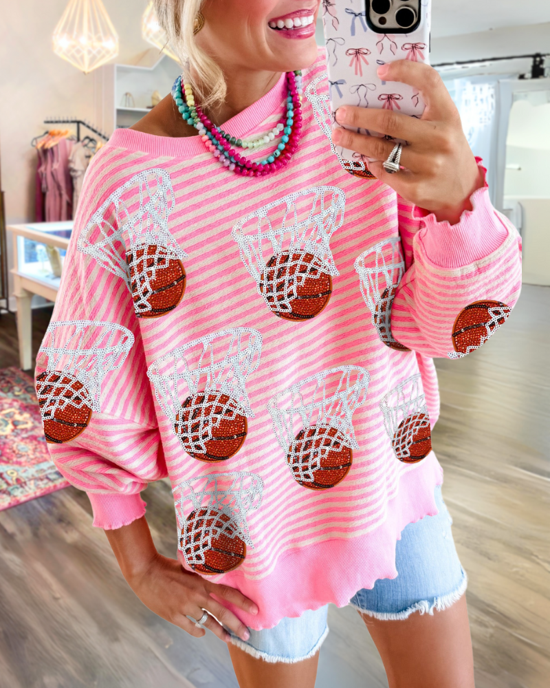Basketball Embroidered Striped Sweatshirt