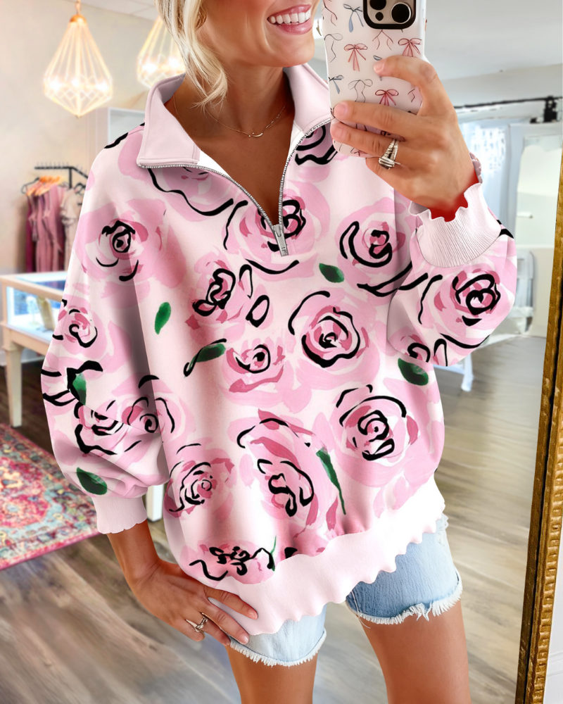 Romantic Rose Half-Zip Sweatshirt