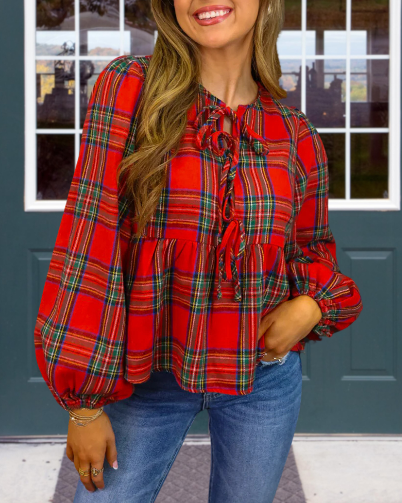 Christmas Plaid Lace-up Top