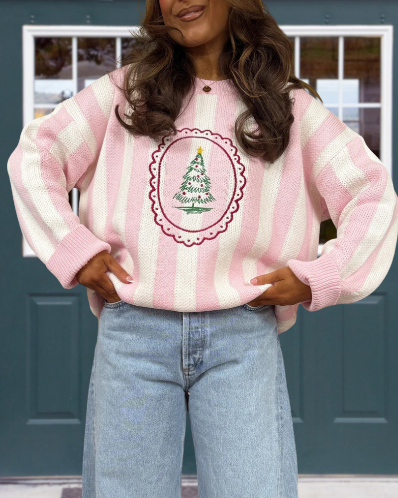 Christmas Tree Embroidered Knit Sweater