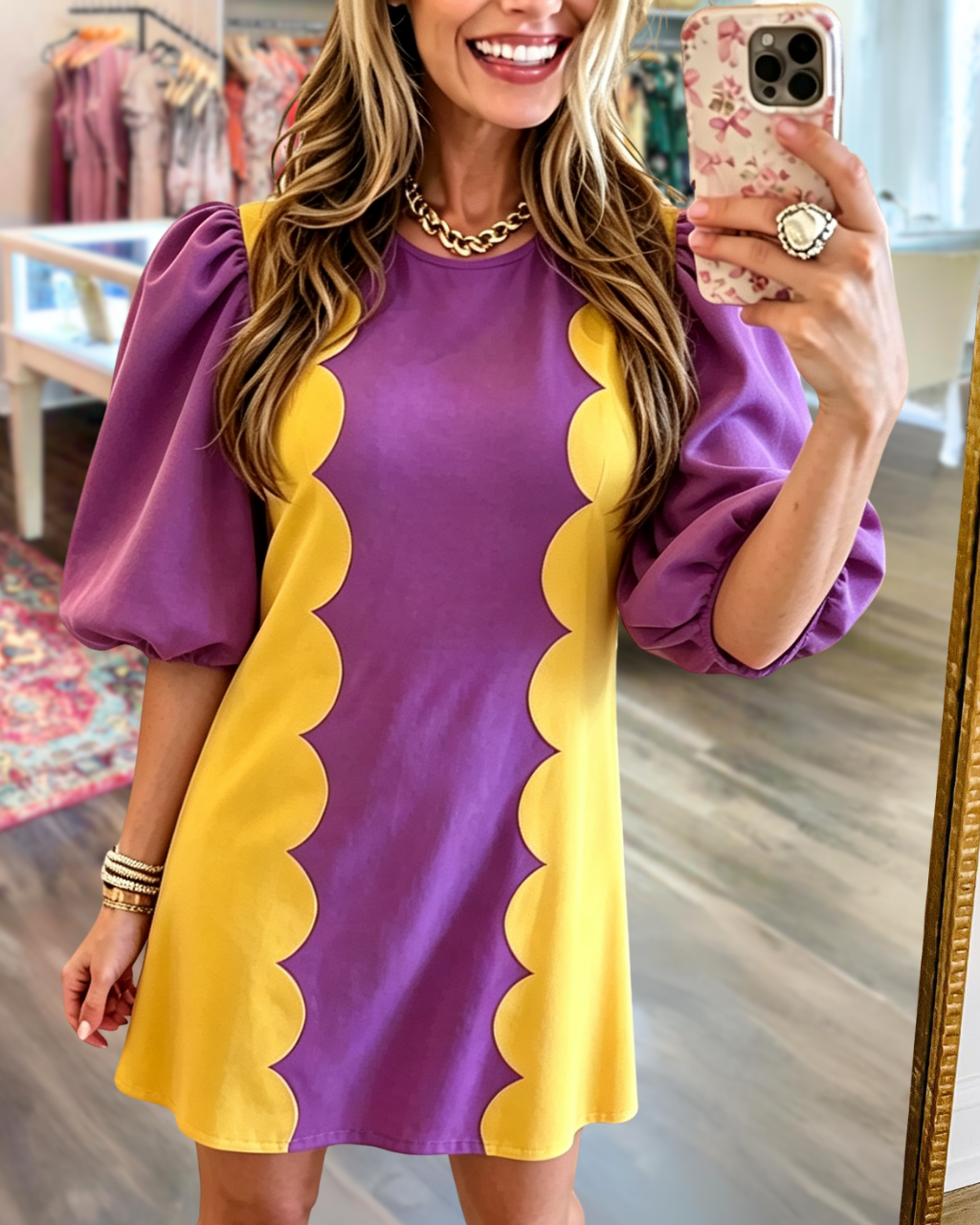 Wave-decorated Puff Sleeve Dress