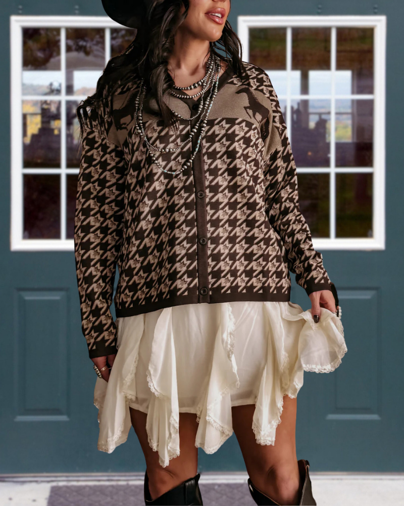 Stylish Houndstooth Horse Cardigan
