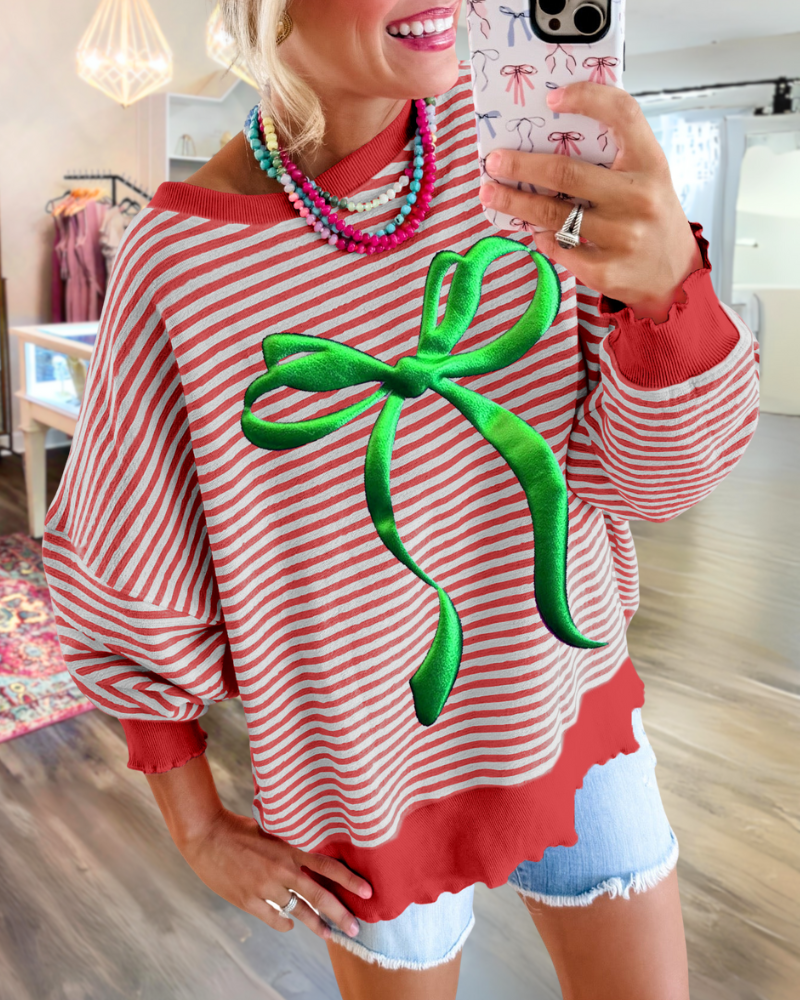 Bow Print Striped Sweatshirt