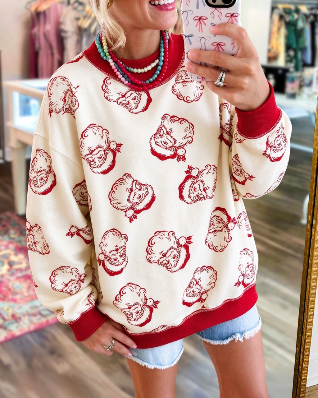 All-Over Santa Claus Colorblock Pullover