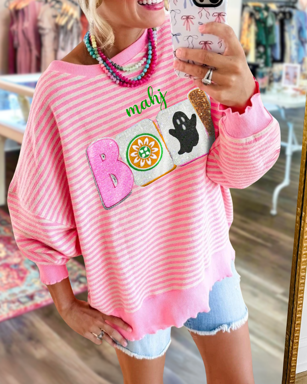 MAHJ BOO Striped Ghost Pullover