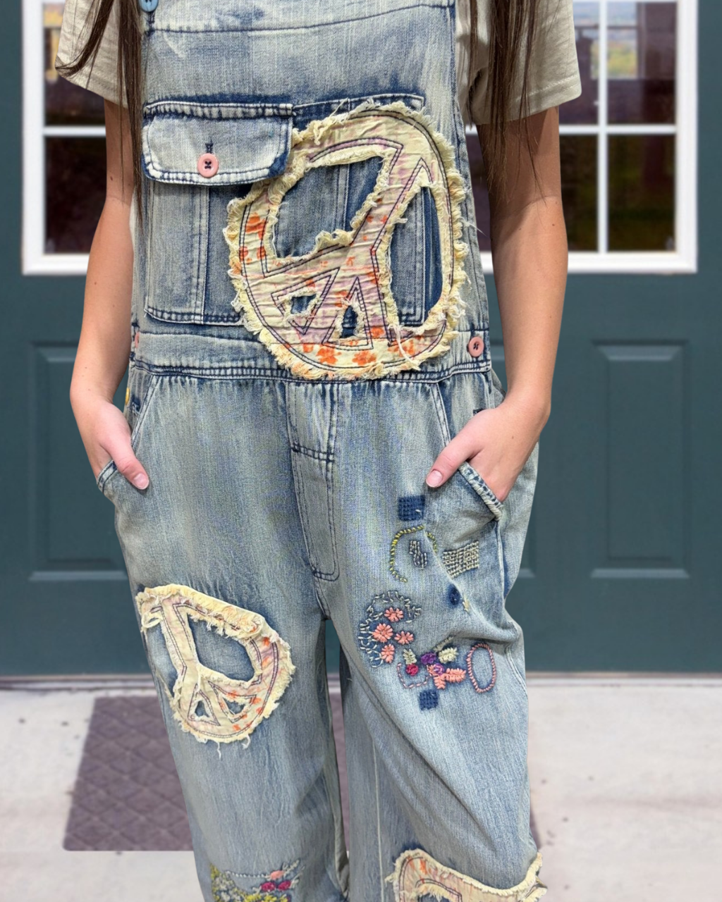Peace Symbol Embroidered Denim Overalls