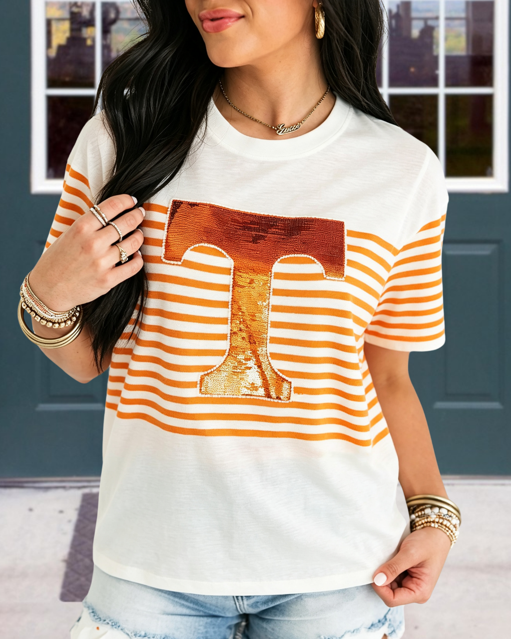 Tennessee Sequined Embroidered Striped Tee