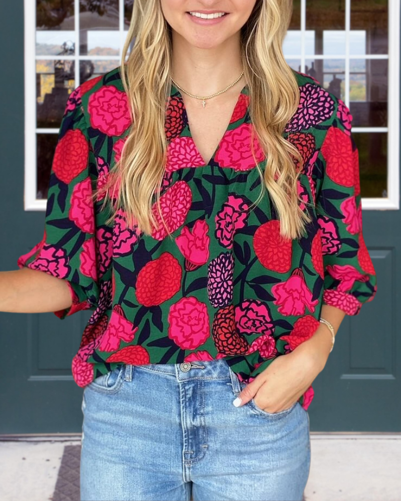 Casual Vintage Floral V-Neck Top