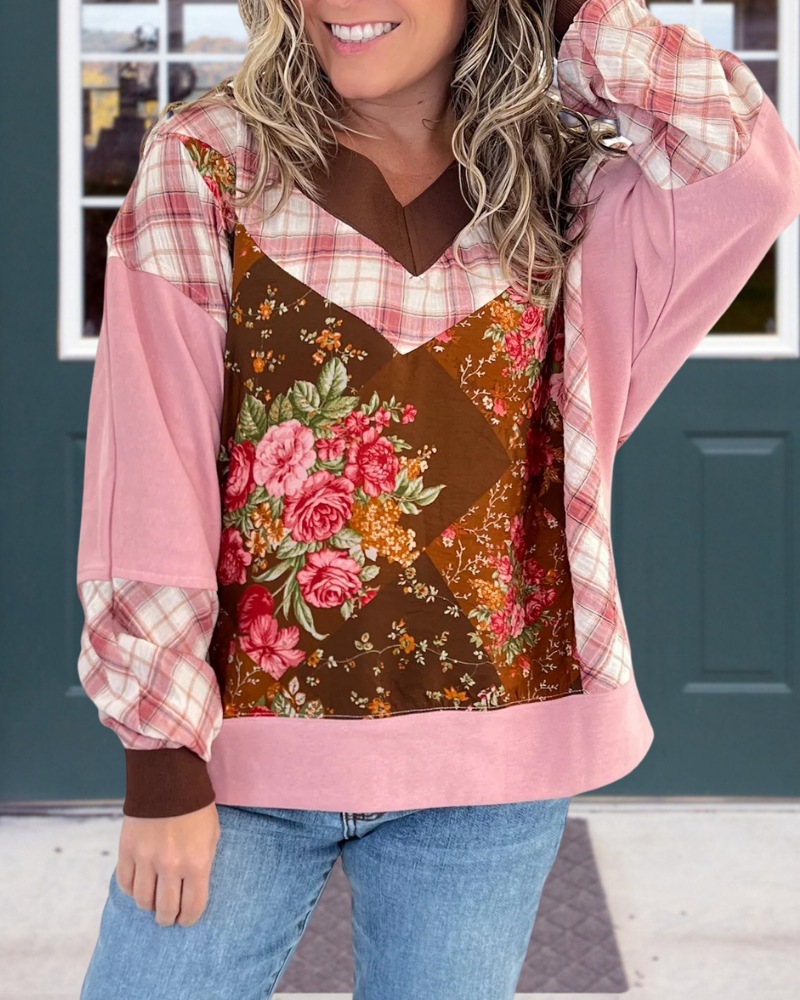 Floral Plaid Patchwork V-Neck Top