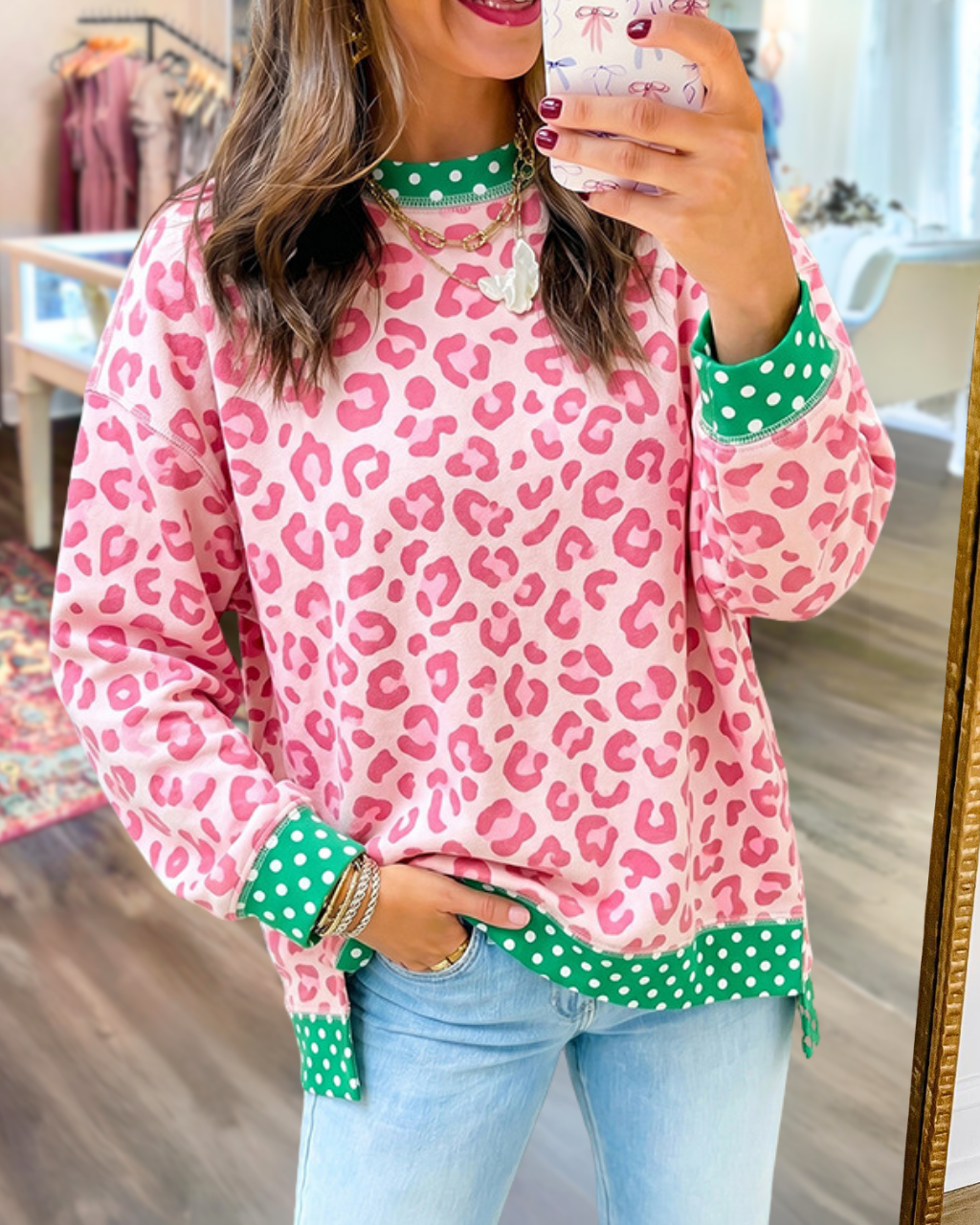 Leopard Polka Dot Trim Sweatshirt
