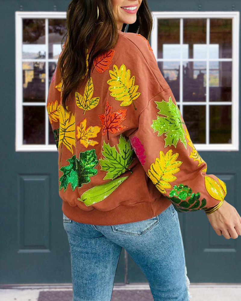 Fall Leaves Sequined Crewneck Sweatshirt