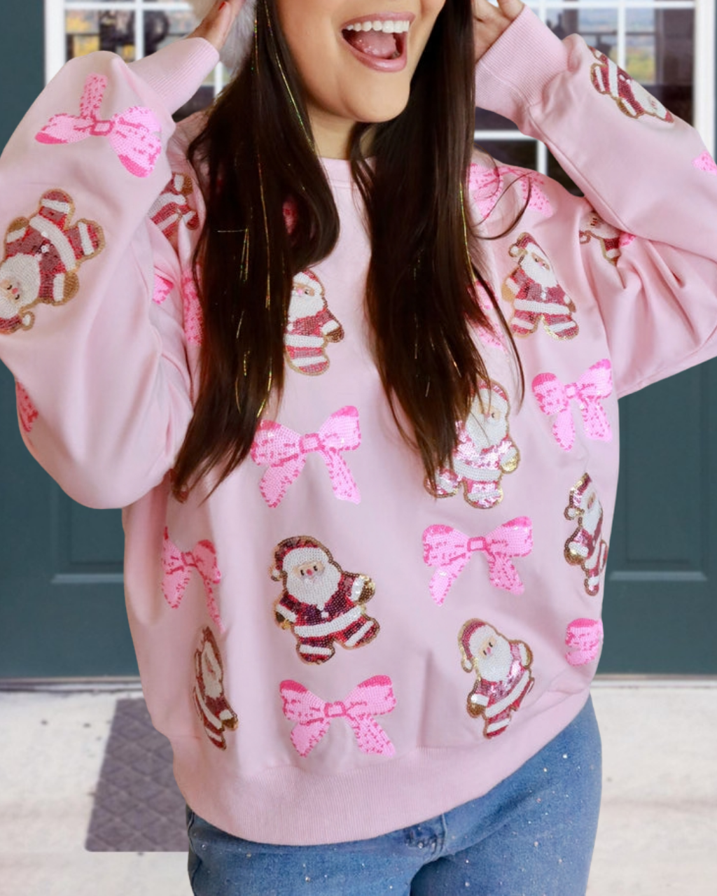 Cute Sequin Bow Santa Pullover