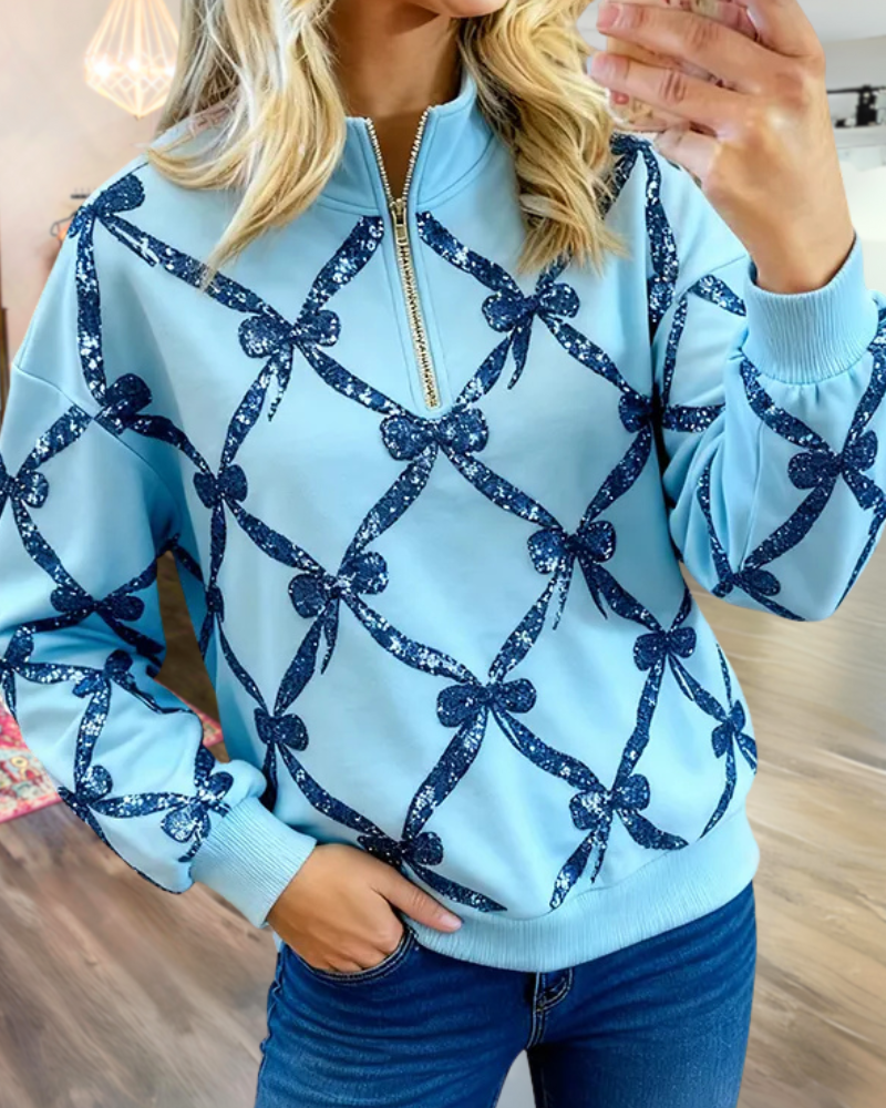 Bow Plaid Print Half-zip Pullover